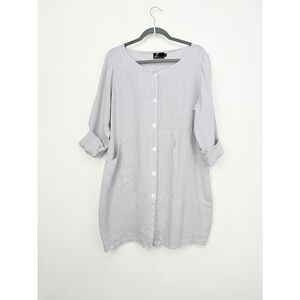 Fenini Light Gray 100% Linen Lagenlook Midi Lightweight Button Up Coat Dress